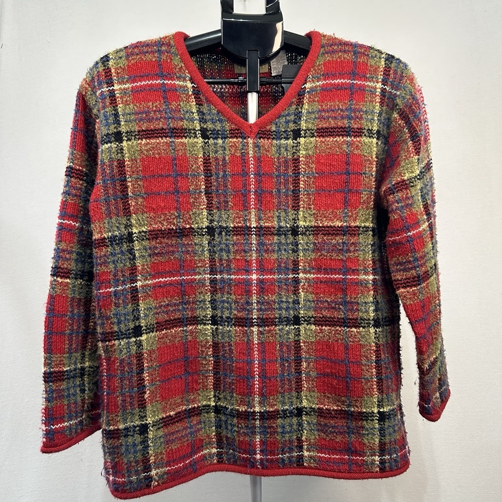 Vtg Liz Claiborne Womens Plaid‎ Sweater Small Wool Blend Christmas Hiking Casual